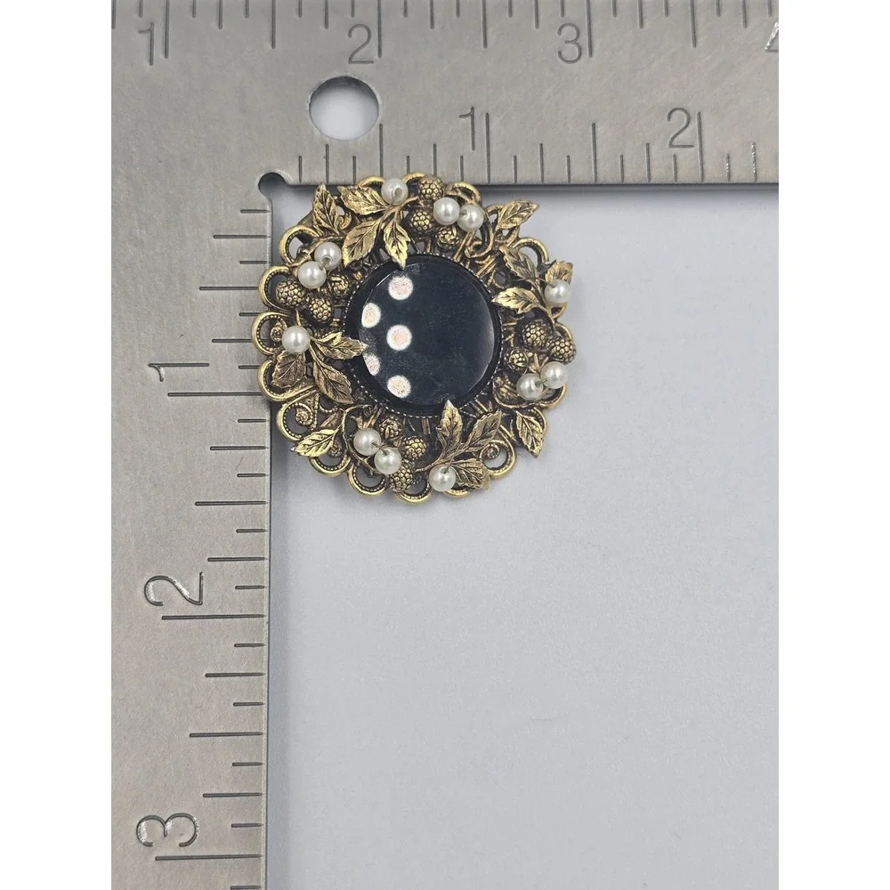 Vintage Gold Tone Filigree Black Cabochon Faux Pearl Mourning Brooch Pin Pendant
